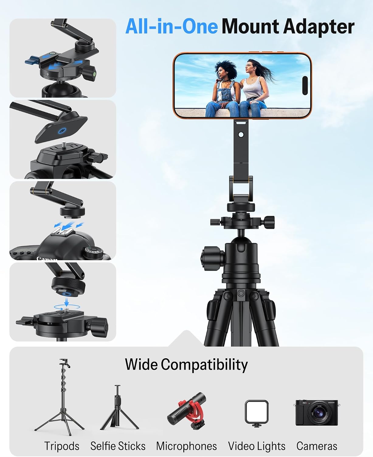 OMOTON Magnetic Phone Mount for Tripod Camera with Arca Base Cold Shoe 1/4" | Aluminum 360° Adjustable, Detachable Base with Magnet for Steel Surface for Gym Golf Cart Video Recording, for iPhone Android