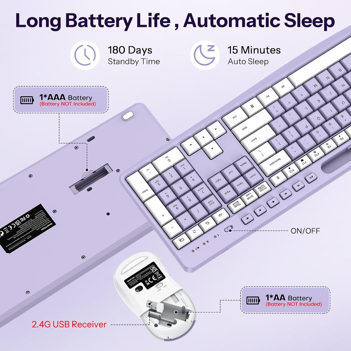 OMOTON Purple Wireless Keyboard and Mouse Combo, Built-in Phone Holder 2.4GHz USB Receiver & Silent Typing for Home/Office, Adjustable DPI Mouse and Full Size Cute Keyboard for Windows/Computer/PC