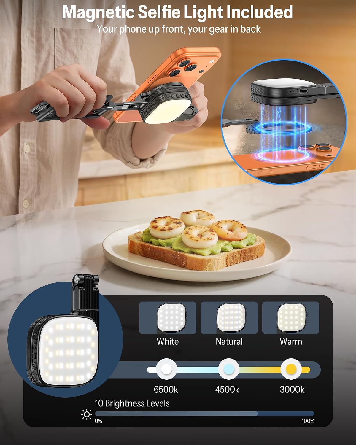 OMOTON TP02-Pro-PK 65" Magnetic Phone Tripod Kit with Fill Light & 2 Remote | Arca-type Base with a 1/4" Screw Hole, Adjustable Height, 10-level Adjustable Brightness, USB-C Charging, for iPhone 12-17