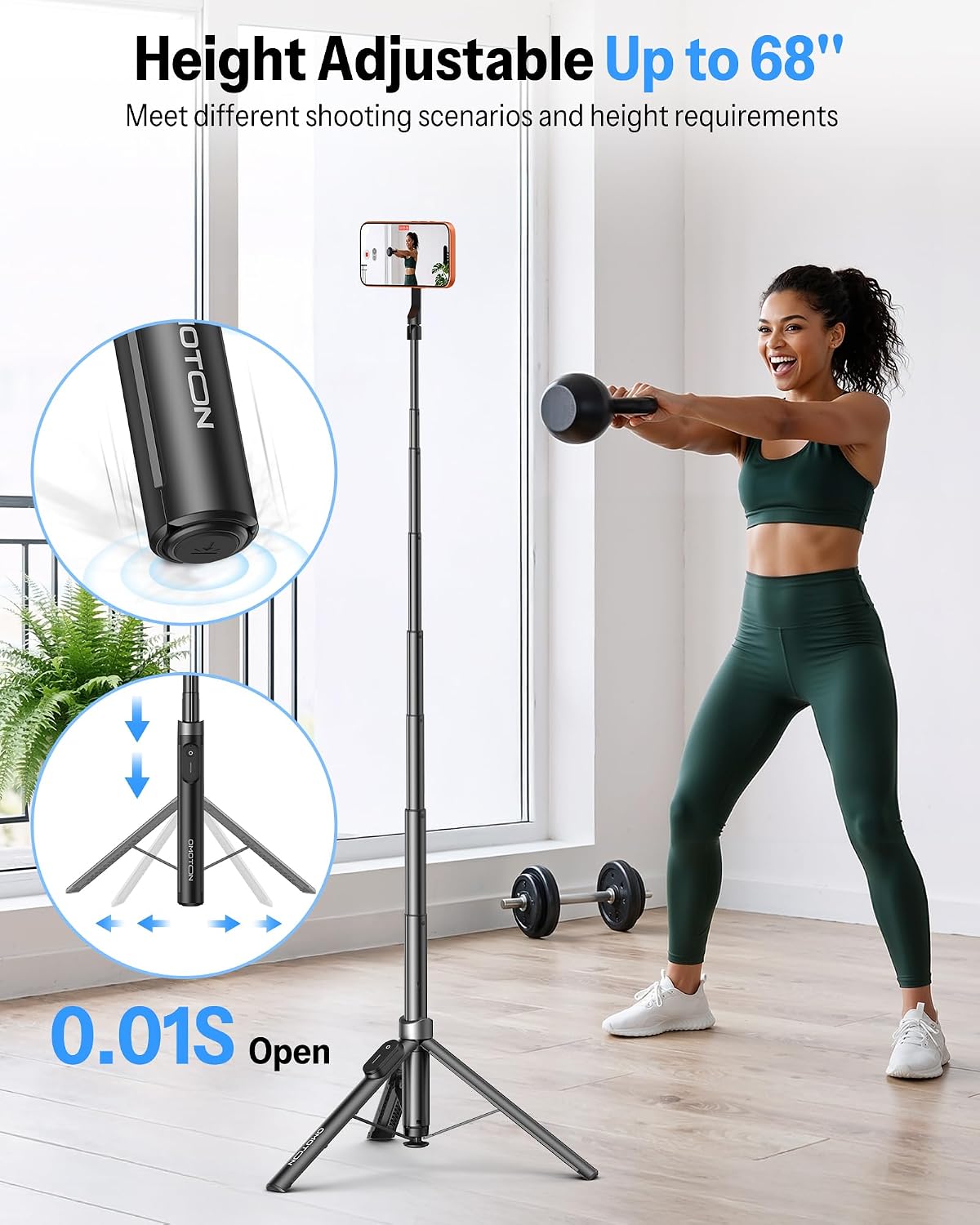 OMOTON 68" Auto-Open Magnetic Phone Tripod for MagSafe, Aluminum Selfie Stick with Remote for Video Recording, Travel and Vlogging, Cell Phone Tripod Stand for iPhone 17/16/15 Pro Max and Android