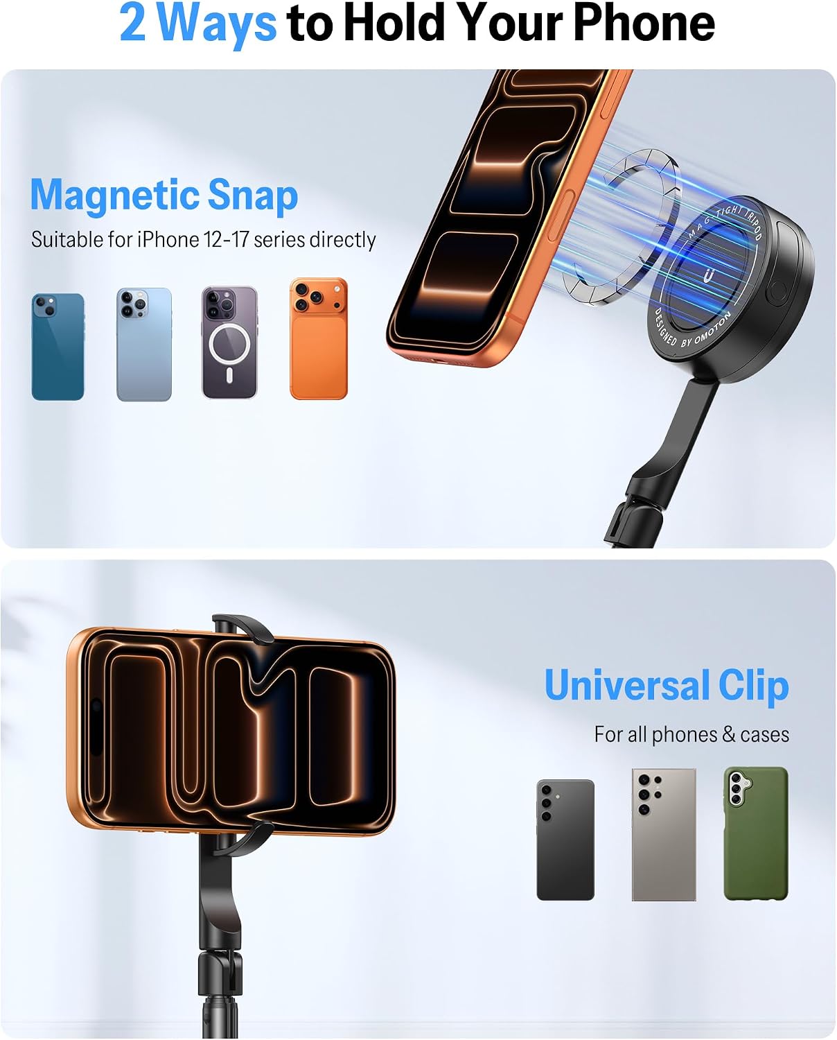 OMOTON 68" Auto-Open Magnetic Phone Tripod for MagSafe, Aluminum Selfie Stick with Remote for Video Recording, Travel and Vlogging, Cell Phone Tripod Stand for iPhone 17/16/15 Pro Max and Android