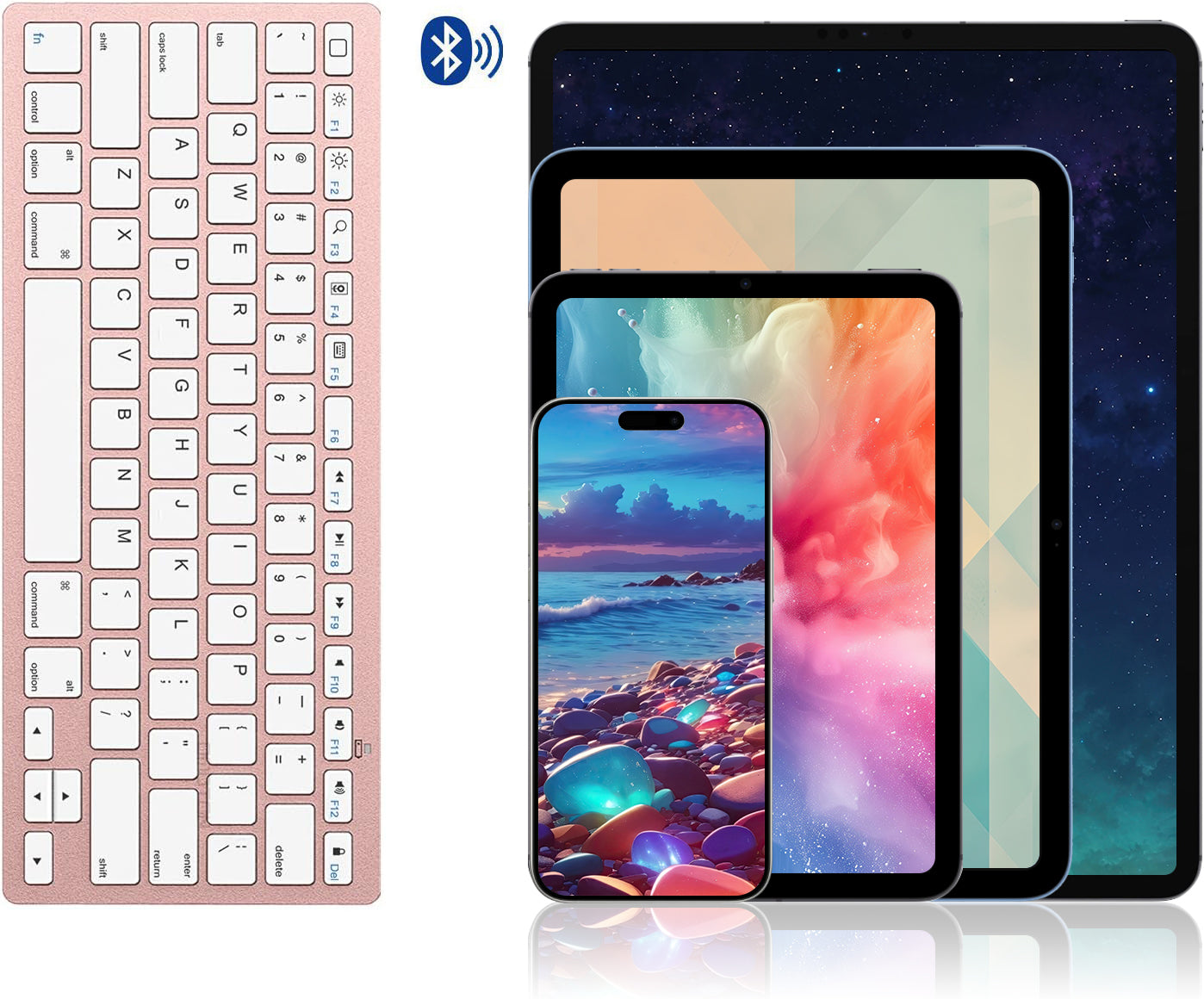 OMOTON Ultra-Slim Bluetooth Keyboard for iPad 11th/10th/9th/8th/7th, iPad Pro/Air/Mini and iPhone Series, Wireless iOS Keyboard with 12 Multimedia Keys for Office, Home, Travel, School, Pink Gold