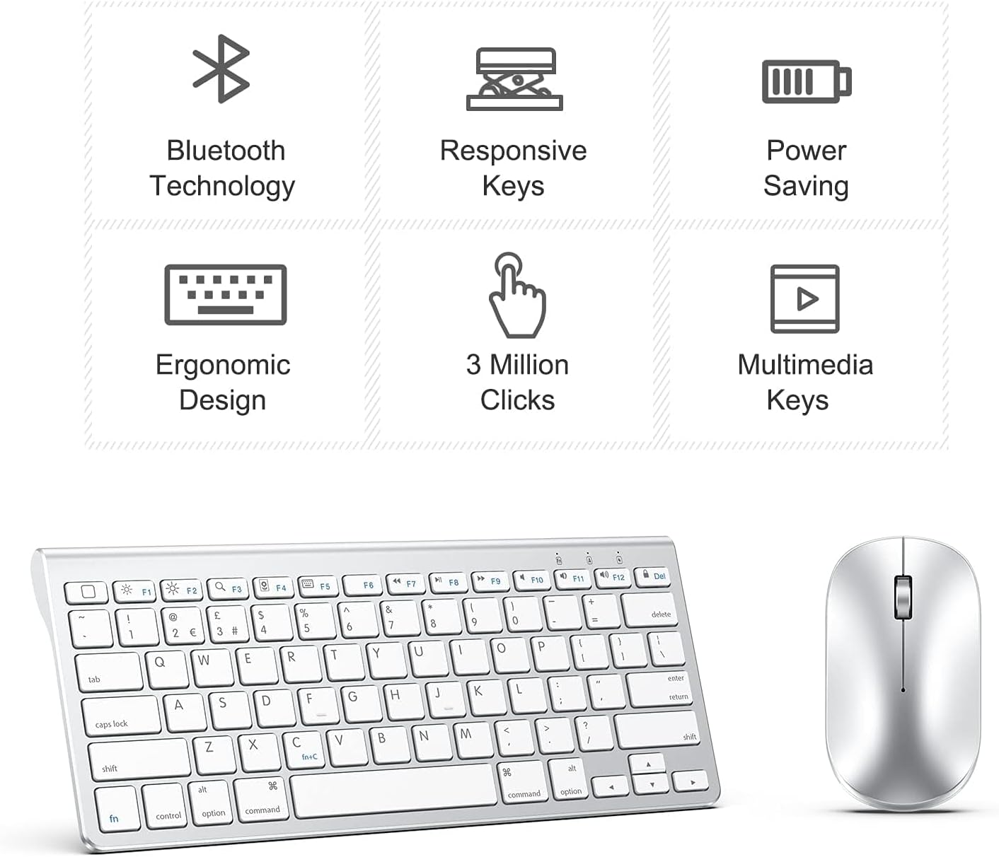 OMOTON Bluetooth Keyboard and Mouse Set Compatible with all iPad Series. With Foldable Bracket, Light and Easy to Carry, Suitable for Business Travel/Home/Office, Silver