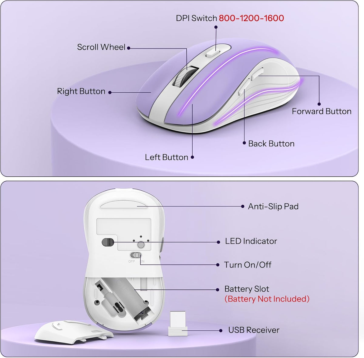 OMOTON Purple Wireless Keyboard and Mouse Combo, Built-in Phone Holder 2.4GHz USB Receiver & Silent Typing for Home/Office, Adjustable DPI Mouse and Full Size Cute Keyboard for Windows/Computer/PC