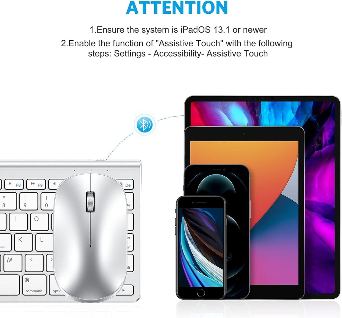 OMOTON Bluetooth Keyboard and Mouse Set Compatible with all iPad Series. With Foldable Bracket, Light and Easy to Carry, Suitable for Business Travel/Home/Office, Silver
