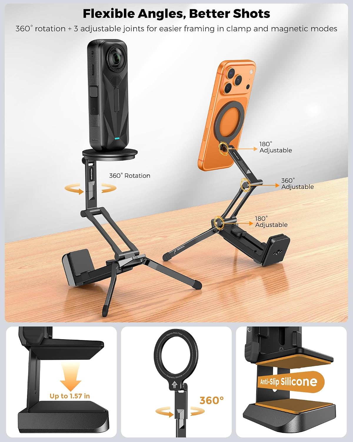 OMOTON TP02-Ultra Magnetic Action Camera Mount for DJI/GoPro iPhone, Black | Arca-type Adapter with 1/4" Screw, 4 in 1 Phone Tripod for Travel Vlog, Adjustable & Swivel, for iPhone 12-17 Series