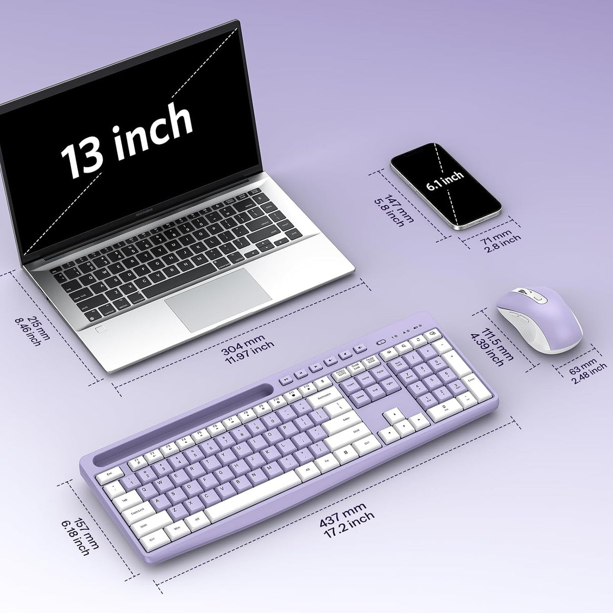 OMOTON Purple Wireless Keyboard and Mouse Combo, Built-in Phone Holder 2.4GHz USB Receiver & Silent Typing for Home/Office, Adjustable DPI Mouse and Full Size Cute Keyboard for Windows/Computer/PC
