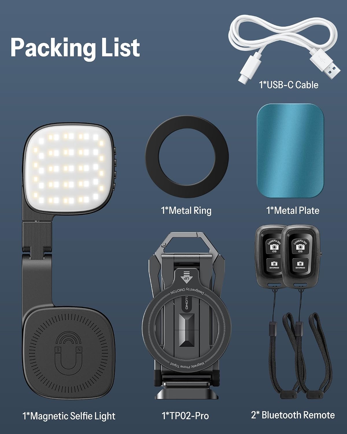 OMOTON TP02-Pro-CK Magnetic Phone Holder Kit with Fill Light & 2 Remotes | Arca-type Base with a 1/4" Screw Hole, 3 Color Temperatures ,10-level adjustable brightness, USB-C Charging, for iPhone 12-17