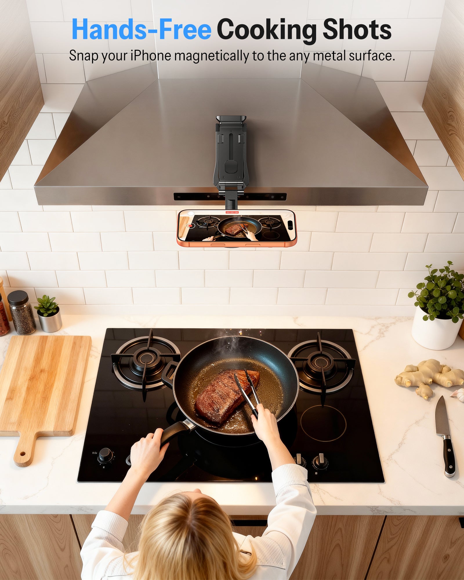 OMOTON TP02-Pro Magnetic Phone Holder for Vlogging, Content Creator Essentials with 1/4" Screw, Arca, Strong Back Magnet for Gym, Adjustable Phone Stand & Selfie Stick for iPhone 12-17 Series, Black