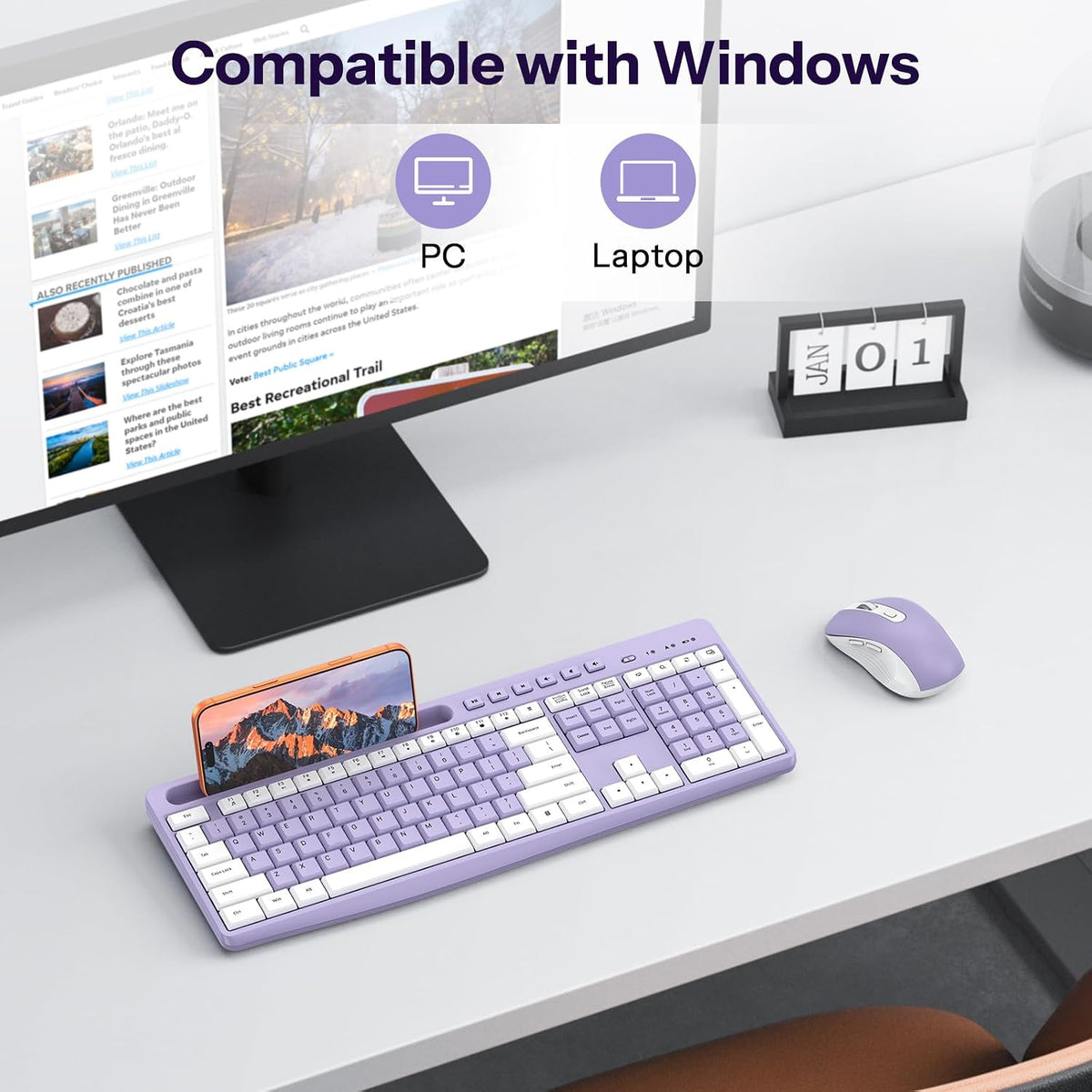 OMOTON Purple Wireless Keyboard and Mouse Combo, Built-in Phone Holder 2.4GHz USB Receiver & Silent Typing for Home/Office, Adjustable DPI Mouse and Full Size Cute Keyboard for Windows/Computer/PC