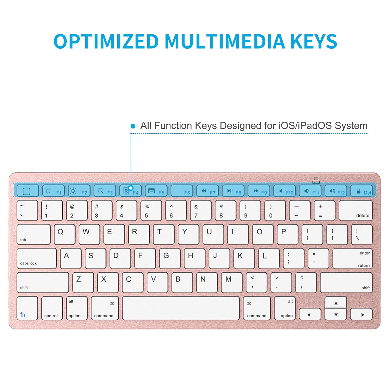 OMOTON Ultra-Slim Bluetooth Keyboard for iPad 11th/10th/9th/8th/7th, iPad Pro/Air/Mini and iPhone Series, Wireless iOS Keyboard with 12 Multimedia Keys for Office, Home, Travel, School, Pink Gold