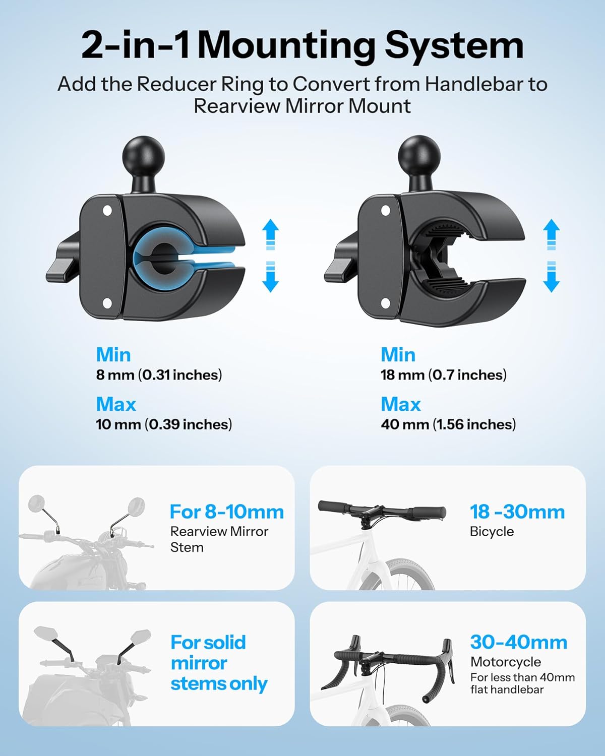 OMOTON BK01 Anti-Vibration Bike Phone Holder for Rearview Mirror & Handlebar, Shockproof Motorcycle Phone Mount with Quick Lock, Fit iPhone & All Android Phone for Electric Scooter/E-Bike/Stroller