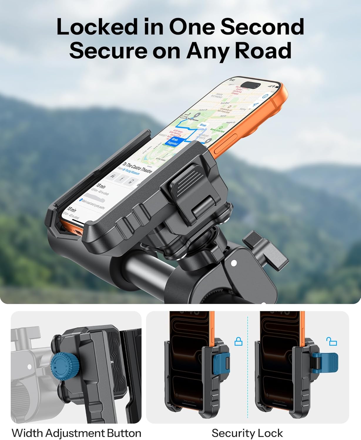OMOTON BK01 Anti-Vibration Bike Phone Holder for Rearview Mirror & Handlebar, Shockproof Motorcycle Phone Mount with Quick Lock, Fit iPhone & All Android Phone for Electric Scooter/E-Bike/Stroller