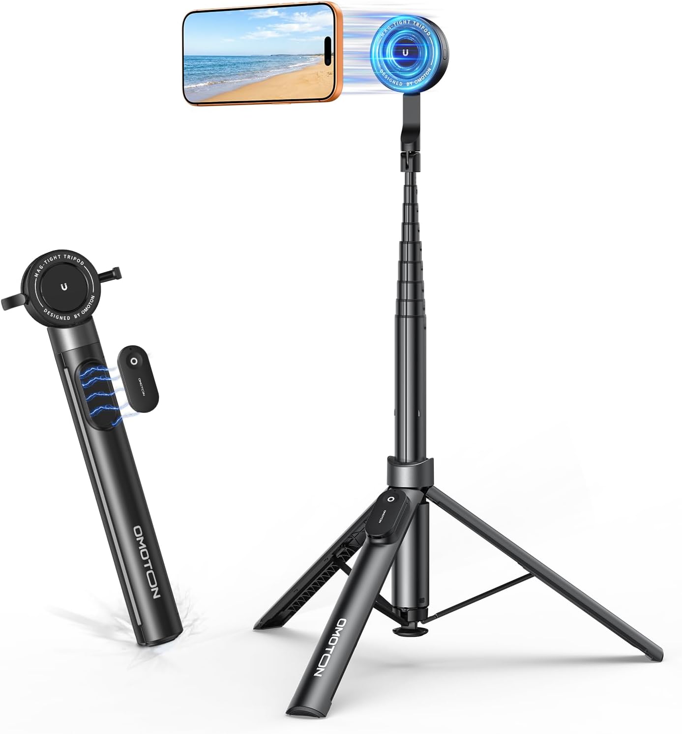 OMOTON 68" Auto-Open Magnetic Phone Tripod for MagSafe, Aluminum Selfie Stick with Remote for Video Recording, Travel and Vlogging, Cell Phone Tripod Stand for iPhone 17/16/15 Pro Max and Android