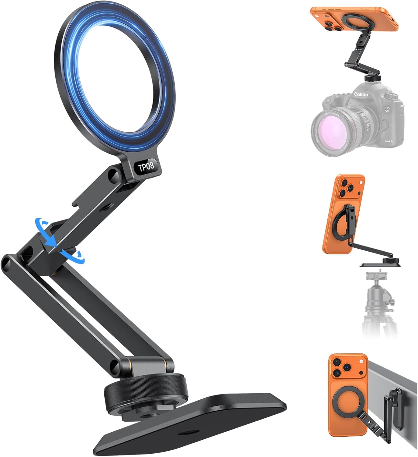 OMOTON Magnetic Phone Mount for Tripod Camera with Arca Base Cold Shoe 1/4" | Aluminum 360° Adjustable, Detachable Base with Magnet for Steel Surface for Gym Golf Cart Video Recording, for iPhone Android