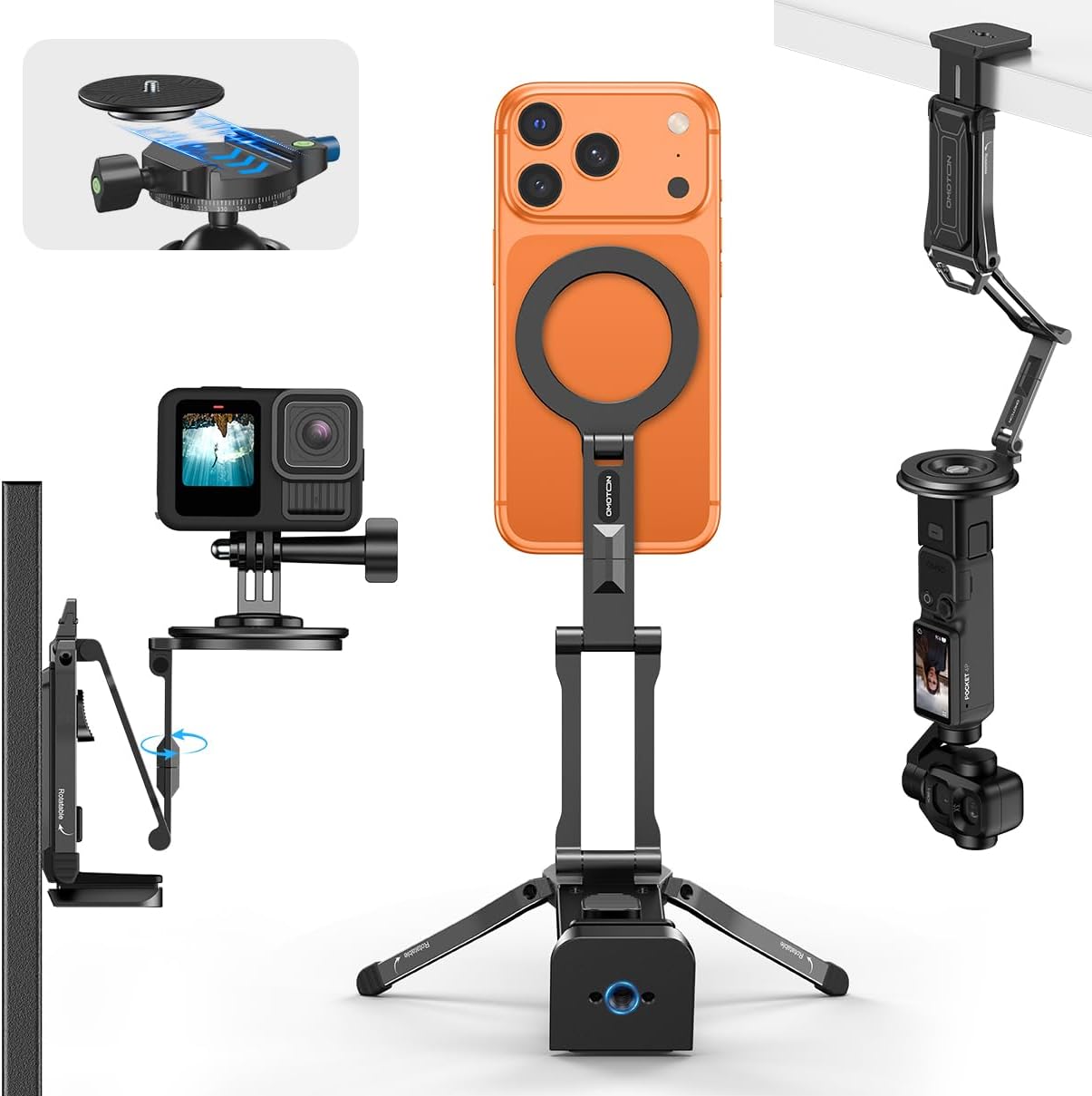 OMOTON TP02-Ultra Magnetic Action Camera Mount for DJI/GoPro iPhone, Black | Arca-type Adapter with 1/4" Screw, 4 in 1 Phone Tripod for Travel Vlog, Adjustable & Swivel, for iPhone 12-17 Series