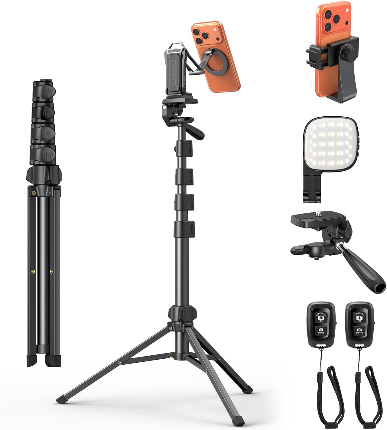 OMOTON TP02-Pro-PK 65" Magnetic Phone Tripod Kit with Fill Light & 2 Remote | Arca-type Base with a 1/4" Screw Hole, Adjustable Height, 10-level Adjustable Brightness, USB-C Charging, for iPhone 12-17