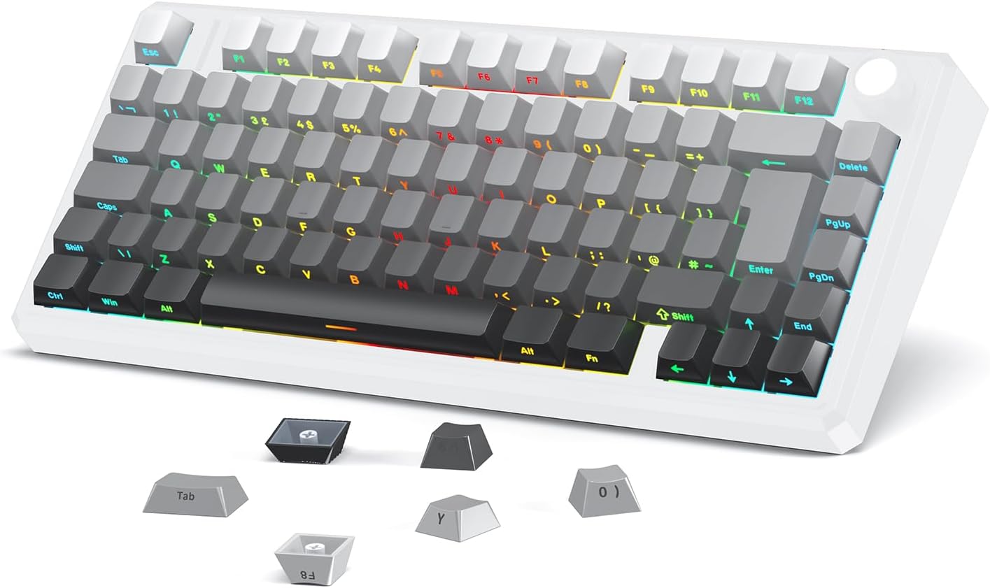 OMOTON Side Print PBT Keycap Set ANSI/ISO UK-Layout, White Grey gradient 127 Keys, Double Shot, Shine Through Custom Keycaps for 61/68/84/87/96/108 MX Switches Keyboards