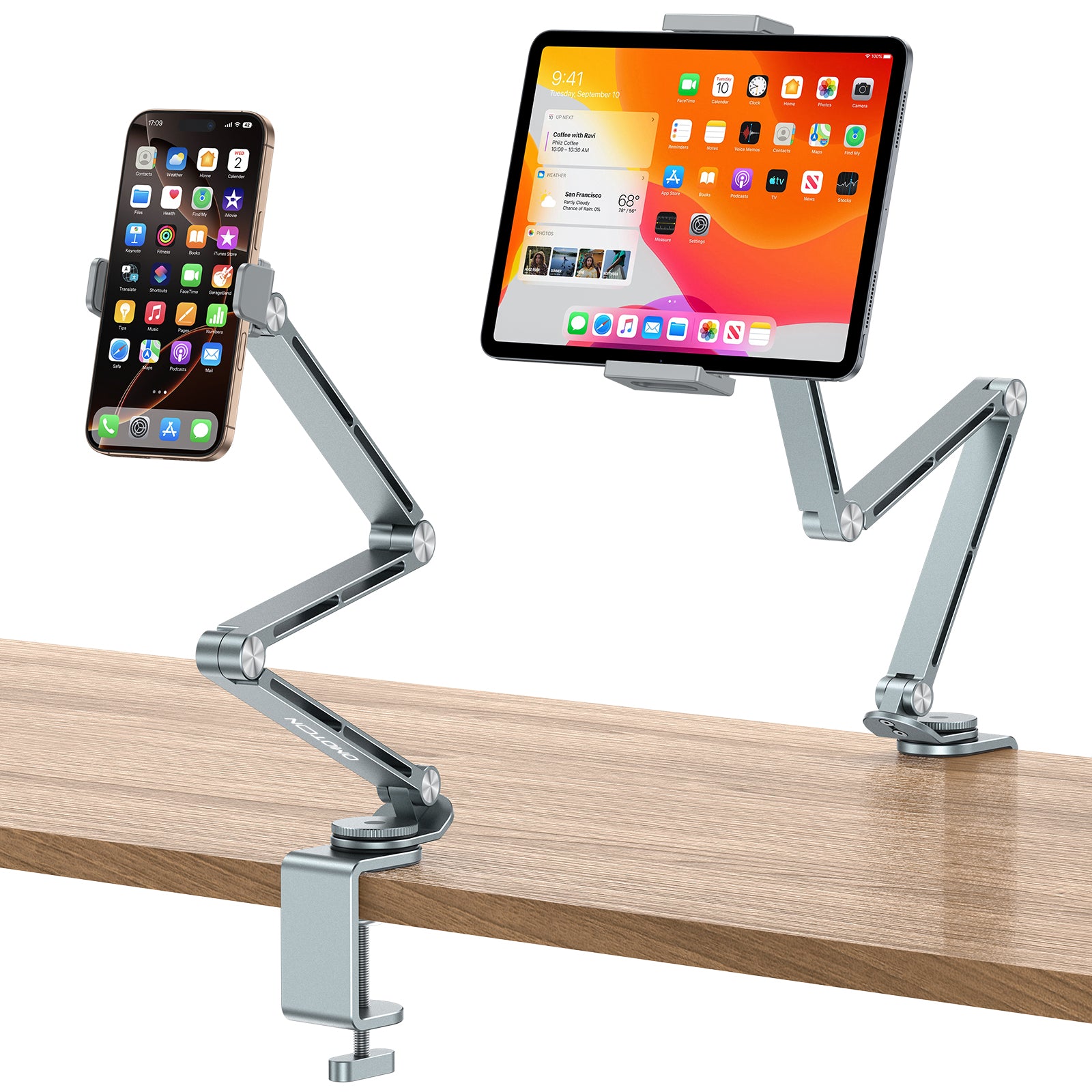 OMOTON GH03 Adjustable Tablet Stand for iPad, Desk Phone Holder for Bed with 2 Clamps, Flexible Aluminum Alloy Mount with 360° Rotation for 4-13" Devices
