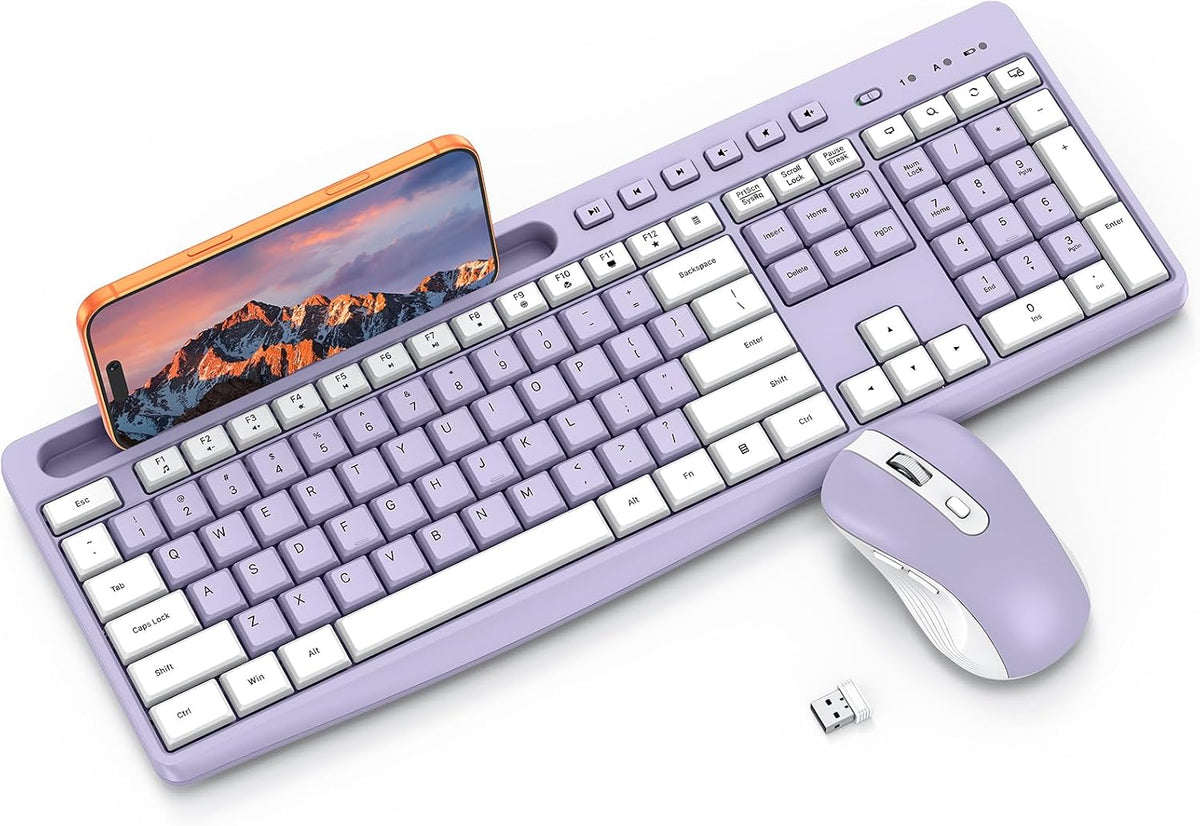 OMOTON Purple Wireless Keyboard and Mouse Combo, Built-in Phone Holder 2.4GHz USB Receiver & Silent Typing for Home/Office, Adjustable DPI Mouse and Full Size Cute Keyboard for Windows/Computer/PC