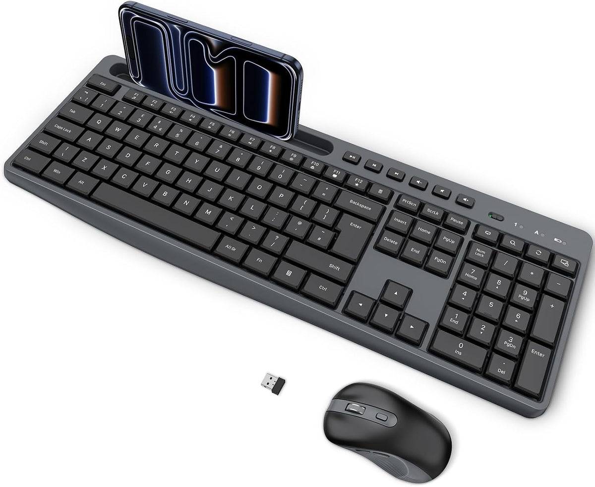 OMOTON Wireless Keyboard and Mouse Combo 2.4GHz with Phone Holder, Black Silent Keyboard, Full Size Quiet Set, Ergonomic Design, 3-Level DPI Quiet Click Mouse for Windows/PC/Laptop/Computer