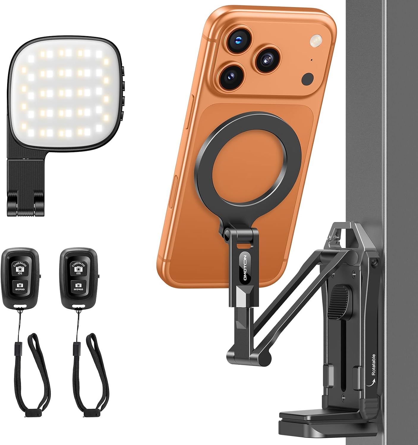 OMOTON TP02-Pro-CK Magnetic Phone Holder Kit with Fill Light & 2 Remotes | Arca-type Base with a 1/4" Screw Hole, 3 Color Temperatures ,10-level adjustable brightness, USB-C Charging, for iPhone 12-17