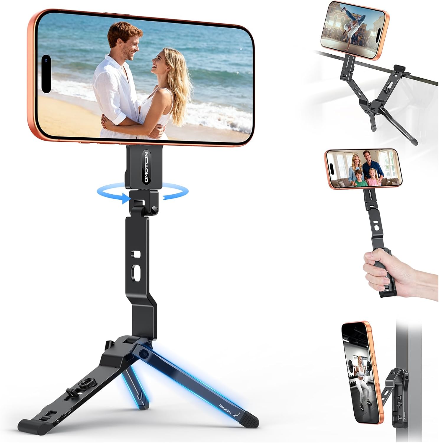 OMOTON TP03 [Ultra-Slim] for MagSafe Tripod, 360°Rotating Magnetic Phone Tripod for iPhone 17/16/15 Pro Max Air, Foldable Cell Phone Stand with 1/4" Screw & Hook Fits Vlog, Gym, Travel Essentials