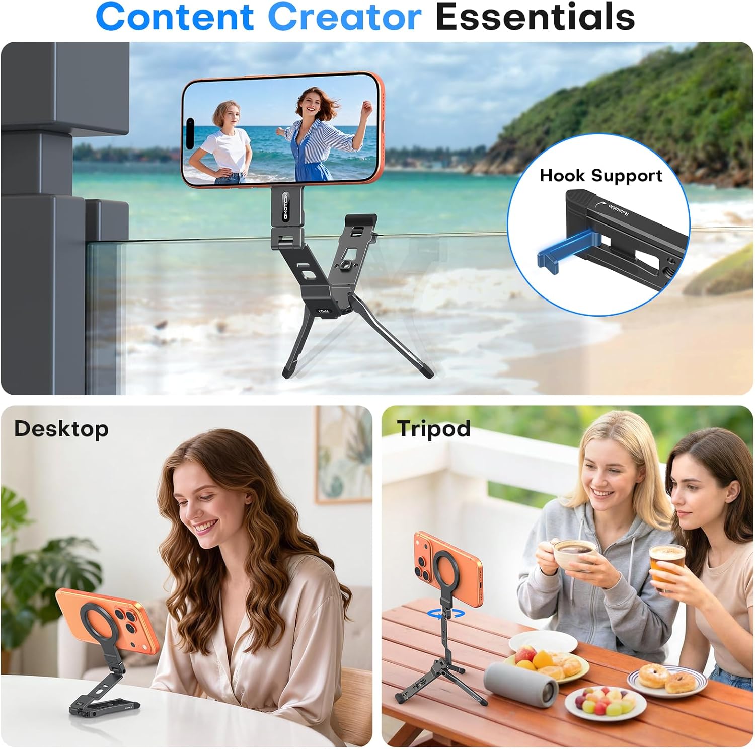 OMOTON TP03 [Ultra-Slim] for MagSafe Tripod, 360°Rotating Magnetic Phone Tripod for iPhone 17/16/15 Pro Max Air, Foldable Cell Phone Stand with 1/4" Screw & Hook Fits Vlog, Gym, Travel Essentials