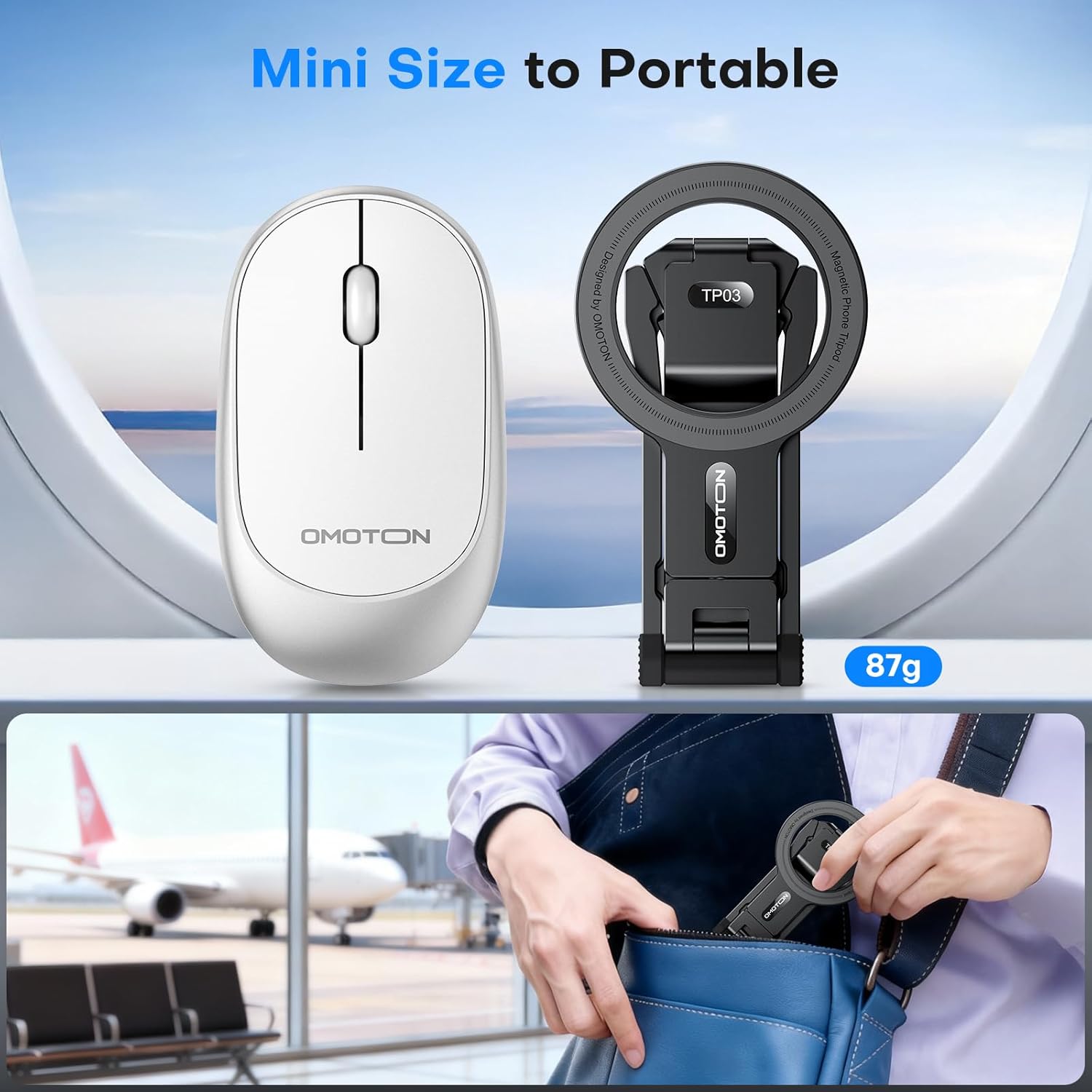 OMOTON TP03 [Ultra-Slim] for MagSafe Tripod, 360°Rotating Magnetic Phone Tripod for iPhone 17/16/15 Pro Max Air, Foldable Cell Phone Stand with 1/4" Screw & Hook Fits Vlog, Gym, Travel Essentials
