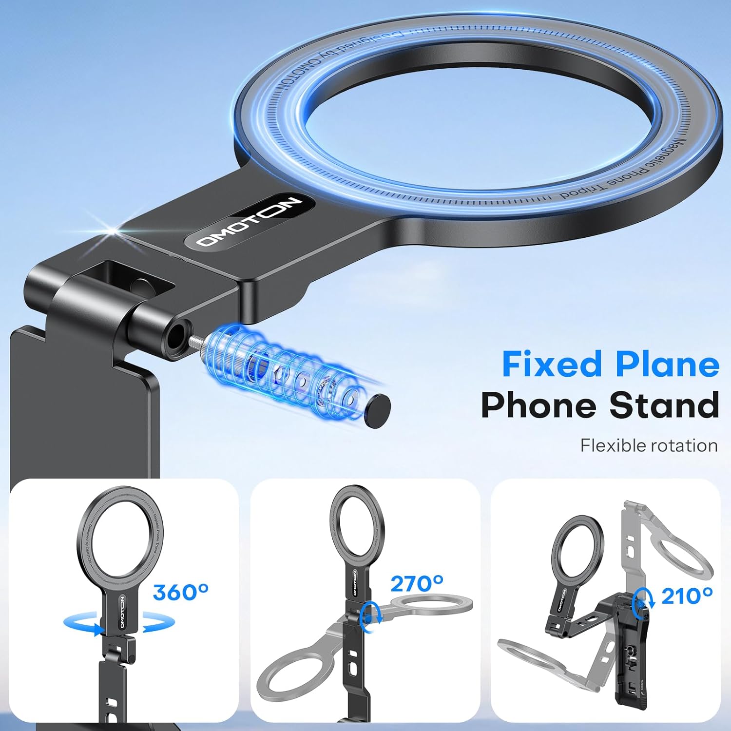 OMOTON TP03 [Ultra-Slim] for MagSafe Tripod, 360°Rotating Magnetic Phone Tripod for iPhone 17/16/15 Pro Max Air, Foldable Cell Phone Stand with 1/4" Screw & Hook Fits Vlog, Gym, Travel Essentials