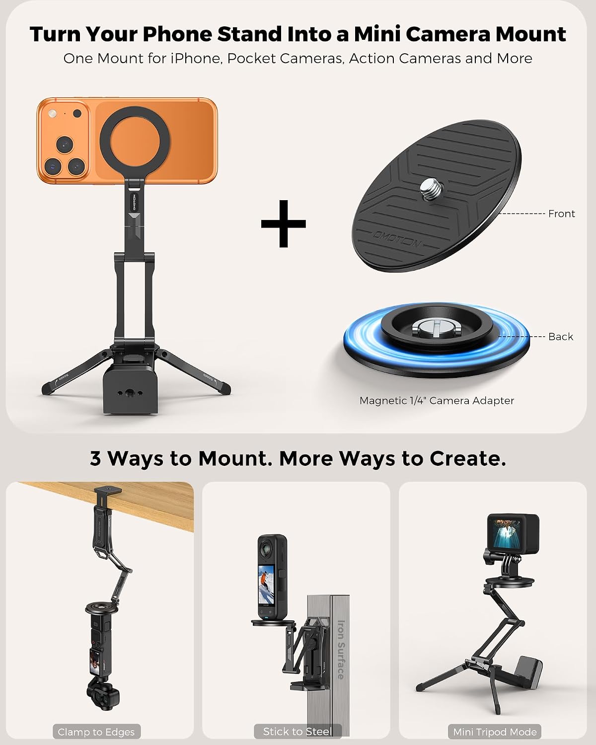 OMOTON TP02-Ultra Magnetic Action Camera Mount for DJI/GoPro iPhone, Black | Arca-type Adapter with 1/4" Screw, 4 in 1 Phone Tripod for Travel Vlog, Adjustable & Swivel, for iPhone 12-17 Series