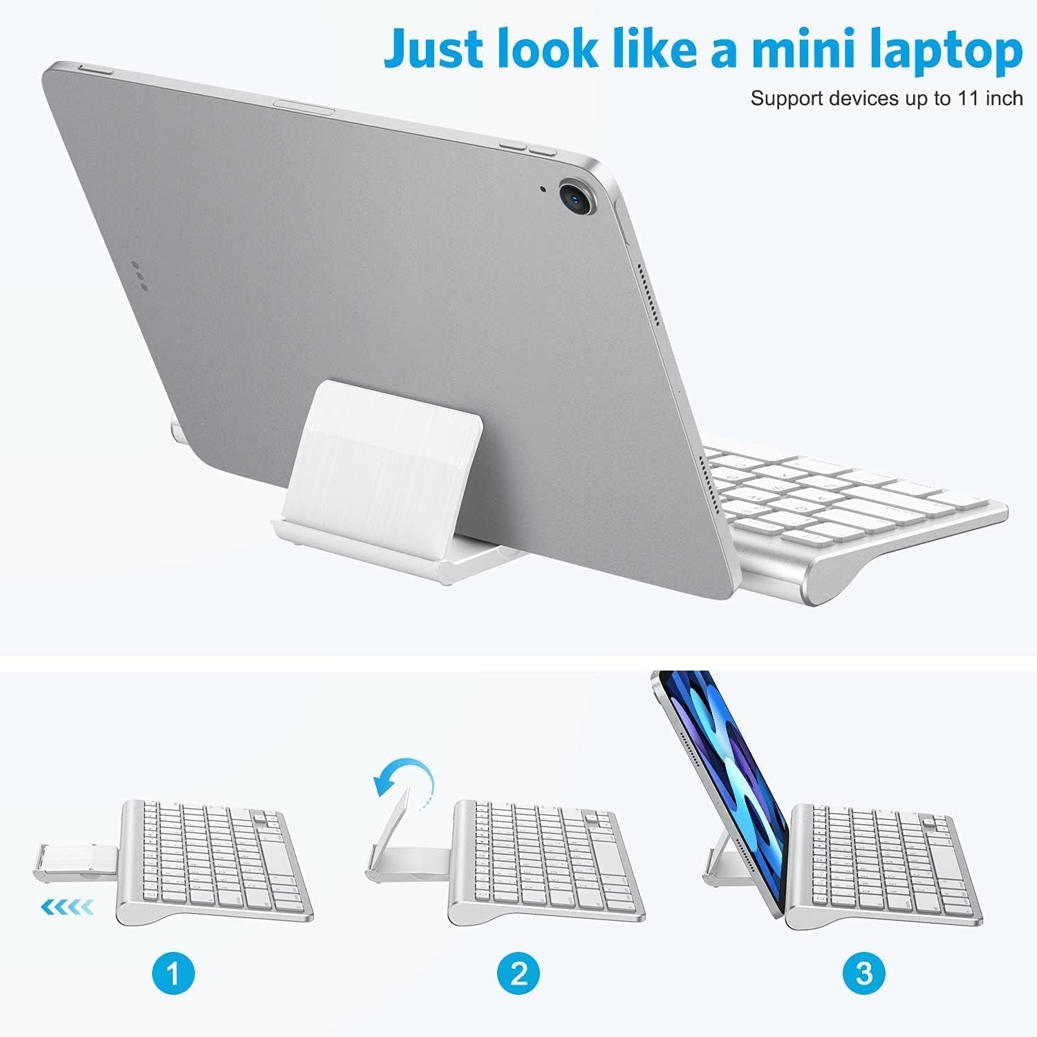 OMOTON Bluetooth Keyboard and Mouse Set Compatible with all iPad Series. With Foldable Bracket, Light and Easy to Carry, Suitable for Business Travel/Home/Office, Silver