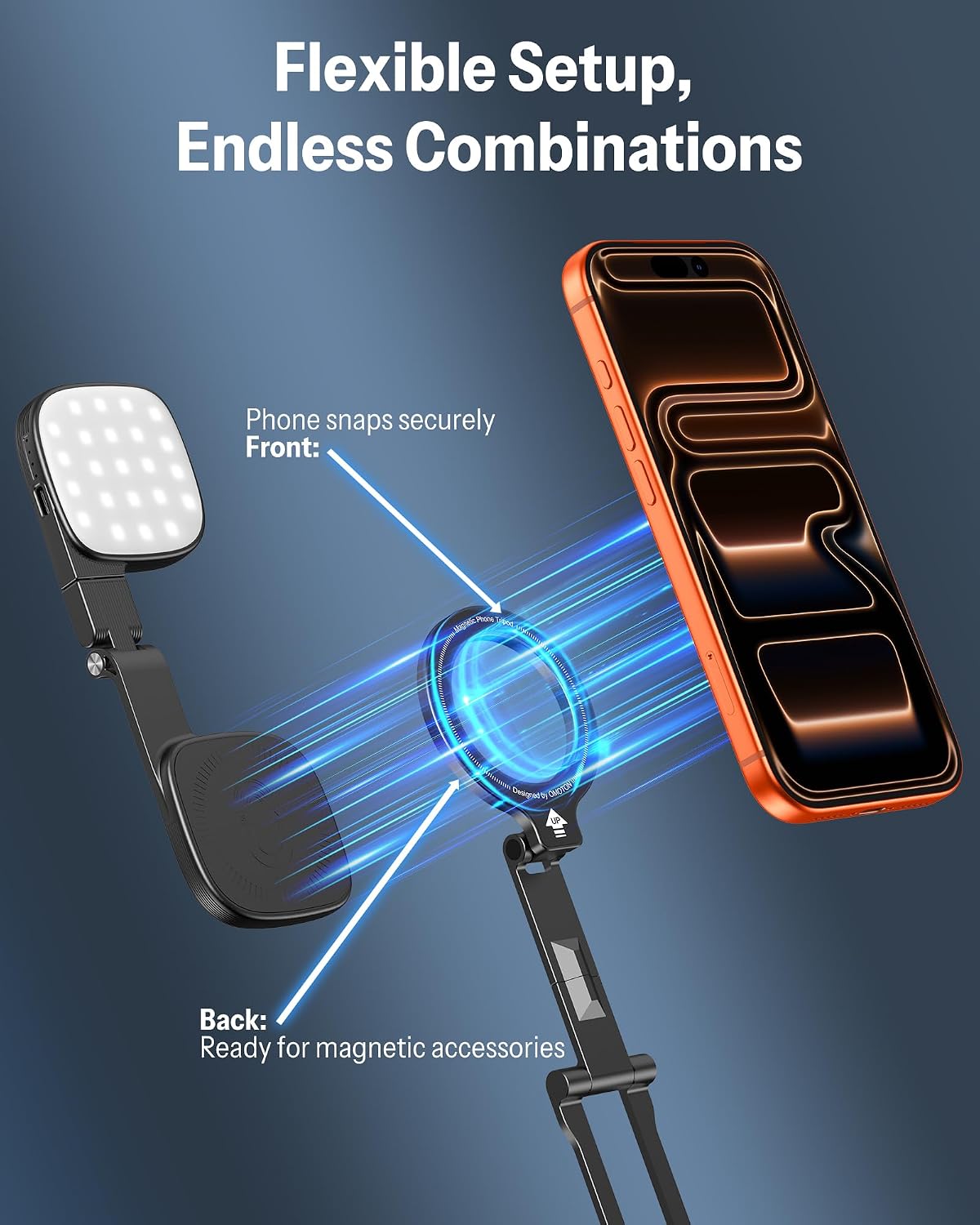 OMOTON TP02-Pro-CK Magnetic Phone Holder Kit with Fill Light & 2 Remotes | Arca-type Base with a 1/4" Screw Hole, 3 Color Temperatures ,10-level adjustable brightness, USB-C Charging, for iPhone 12-17