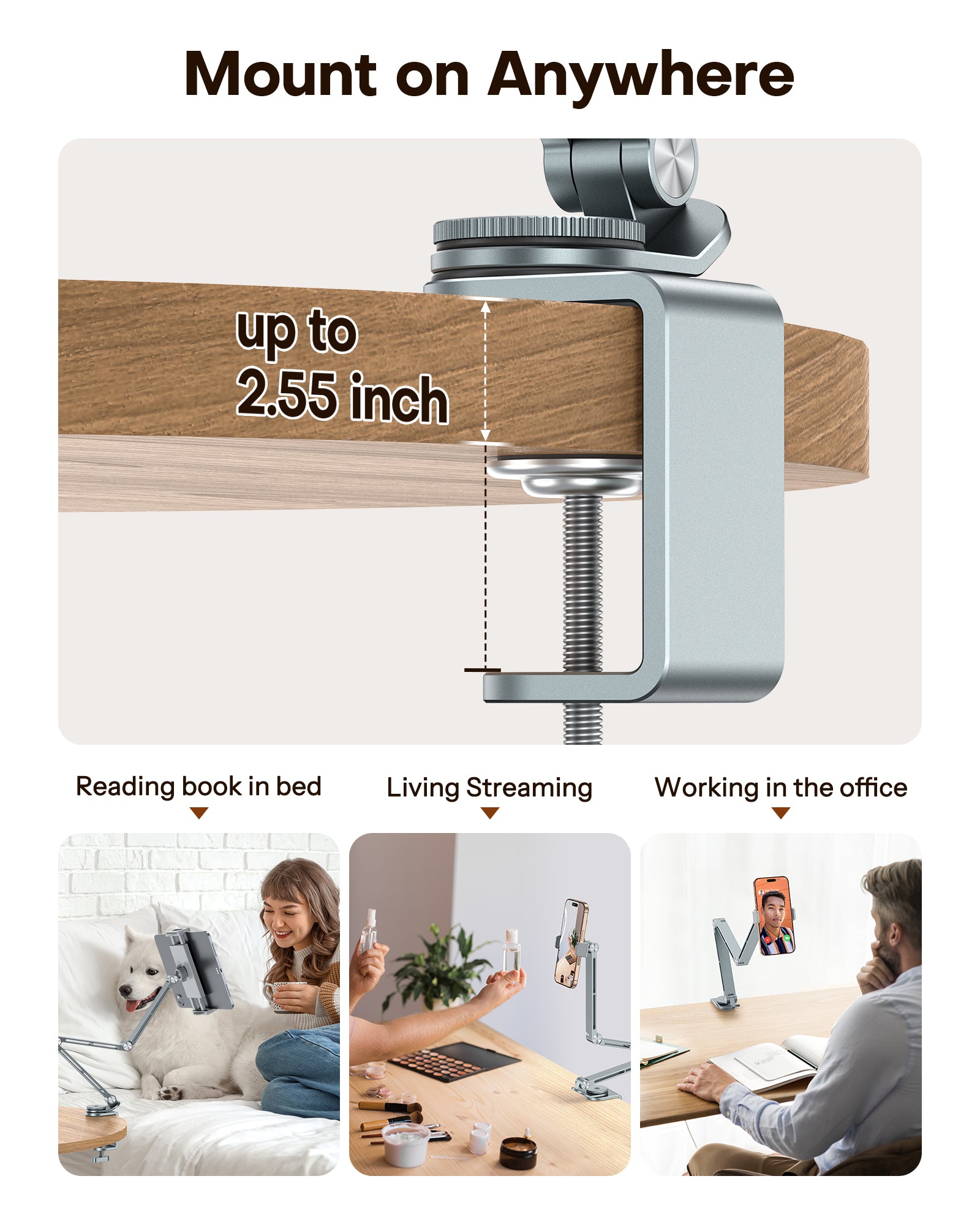 OMOTON GH03 Adjustable Tablet Stand for iPad, Desk Phone Holder for Bed with 2 Clamps, Flexible Aluminum Alloy Mount with 360° Rotation for 4-13" Devices