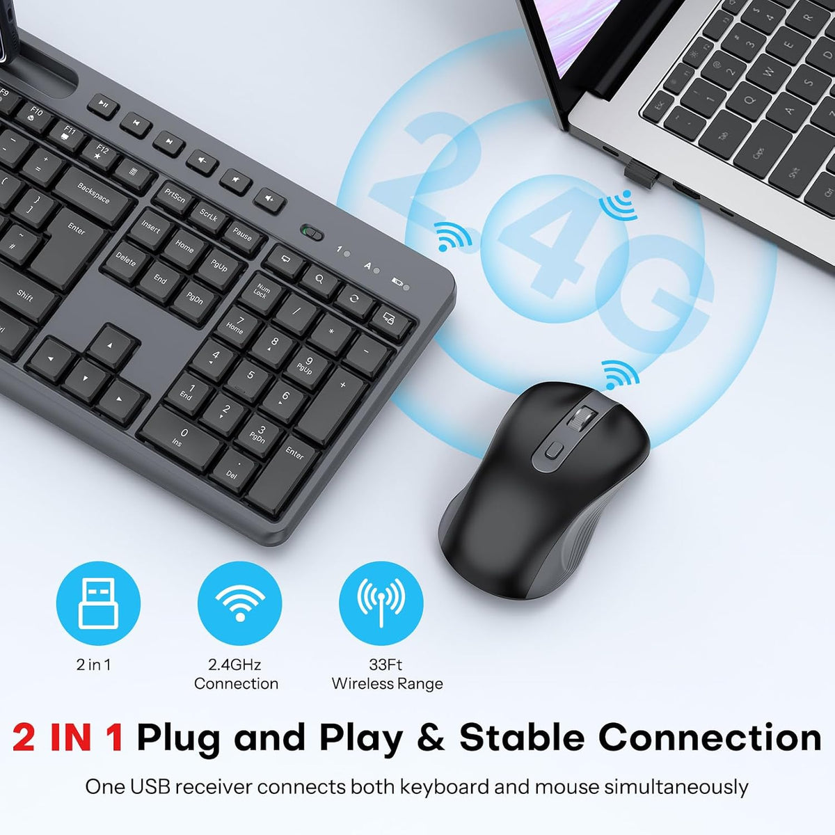 OMOTON Wireless Keyboard and Mouse Combo 2.4GHz with Phone Holder, Black Silent Keyboard, Full Size Quiet Set, Ergonomic Design, 3-Level DPI Quiet Click Mouse for Windows/PC/Laptop/Computer