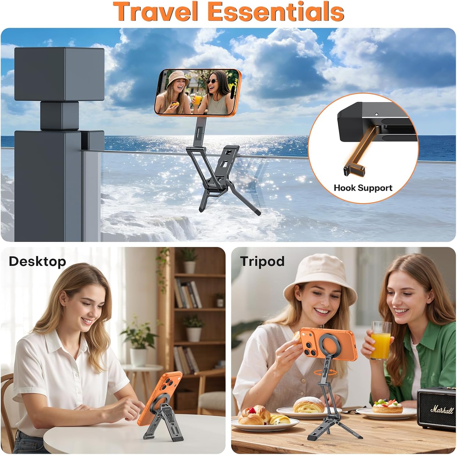 OMOTON TP06 [Equipped Lanyard] for MagSafe Tripod Hook with Magnet Back & Arca-Swiss Base, 360°Rotating with 1/4" Screw, Magnetic Phone Tripod for iPhone 17/16 Pro Max Air Fits Vlog, Travel, Gym