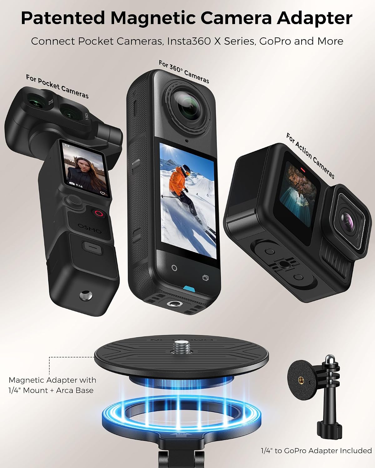 OMOTON TP02-Ultra Magnetic Action Camera Mount for DJI/GoPro iPhone, Black | Arca-type Adapter with 1/4" Screw, 4 in 1 Phone Tripod for Travel Vlog, Adjustable & Swivel, for iPhone 12-17 Series