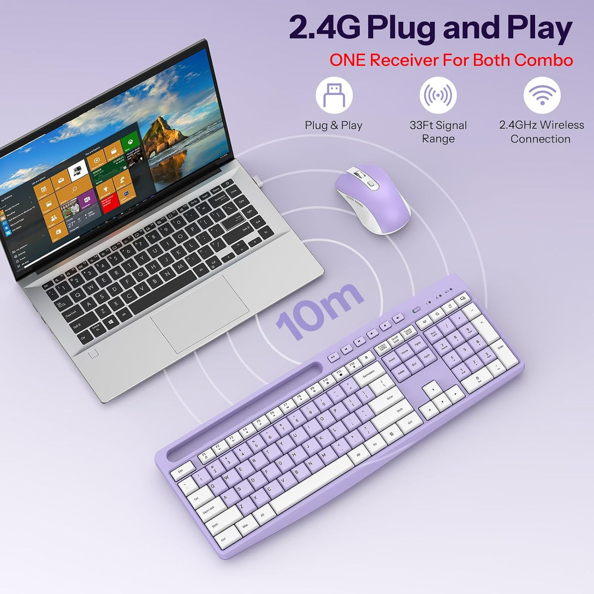 OMOTON Purple Wireless Keyboard and Mouse Combo, Built-in Phone Holder 2.4GHz USB Receiver & Silent Typing for Home/Office, Adjustable DPI Mouse and Full Size Cute Keyboard for Windows/Computer/PC