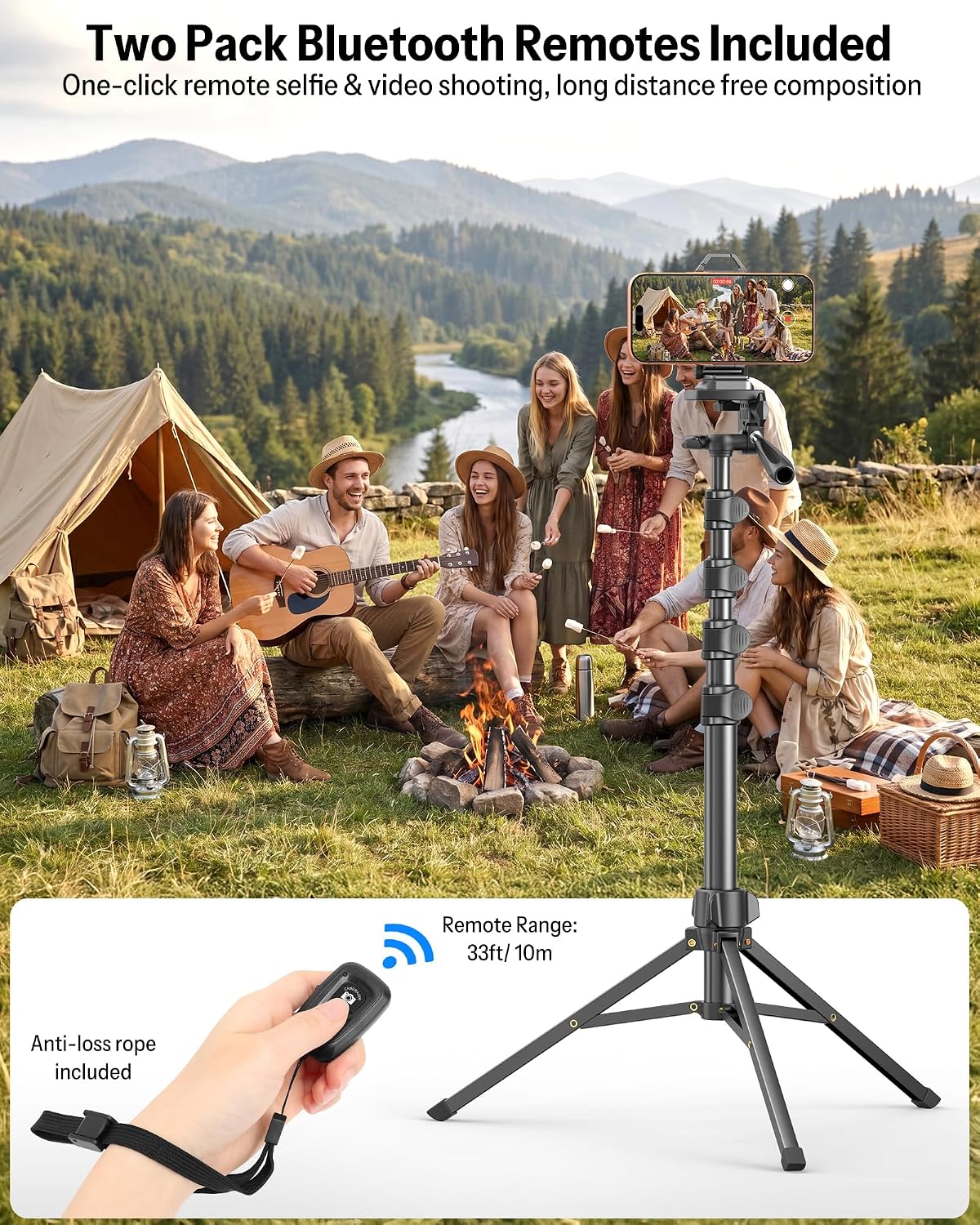 OMOTON TP02-Pro-PK 65" Magnetic Phone Tripod Kit with Fill Light & 2 Remote | Arca-type Base with a 1/4" Screw Hole, Adjustable Height, 10-level Adjustable Brightness, USB-C Charging, for iPhone 12-17