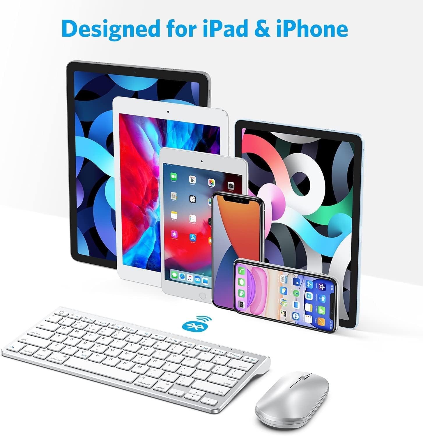 OMOTON Bluetooth Keyboard and Mouse Set Compatible with all iPad Series. With Foldable Bracket, Light and Easy to Carry, Suitable for Business Travel/Home/Office, Silver