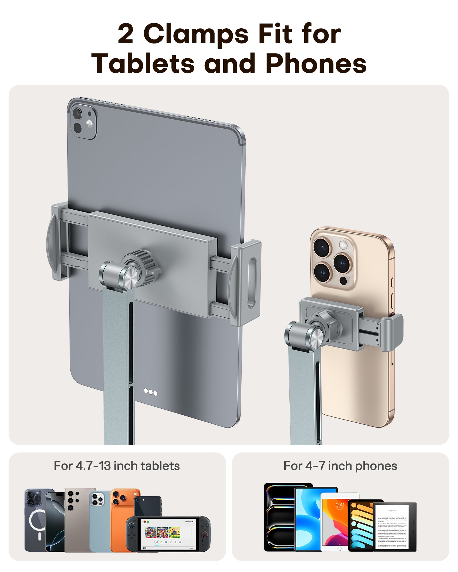 OMOTON GH03 Adjustable Tablet Stand for iPad, Desk Phone Holder for Bed with 2 Clamps, Flexible Aluminum Alloy Mount with 360° Rotation for 4-13" Devices