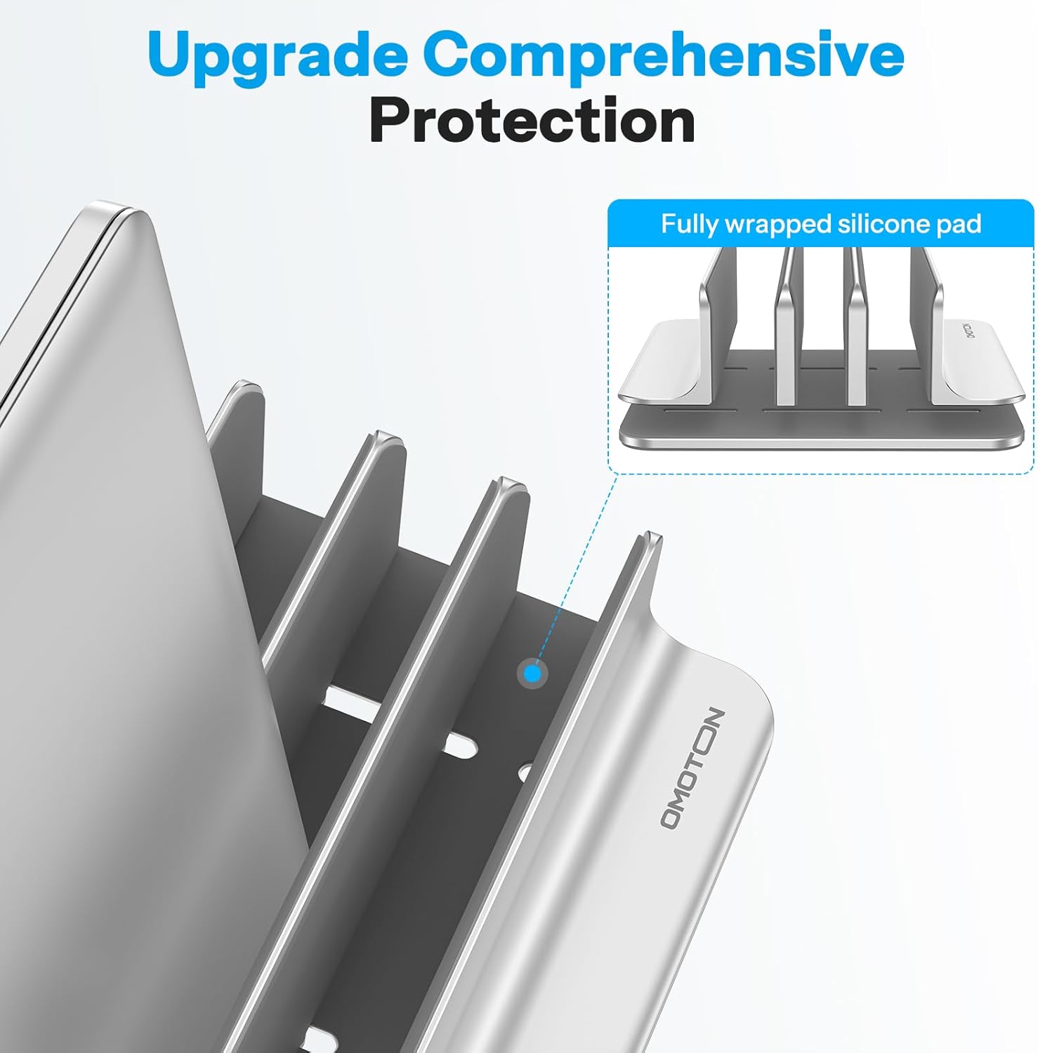 OMOTON Vertical Laptop Stand [Updated 3-Slots Version], Desktop Aluminum Mac Book Stand with Adjustable Dock Size, Fits All Mac Book, Chrome Book and Gaming Laptops (Up to 17.3 inch)