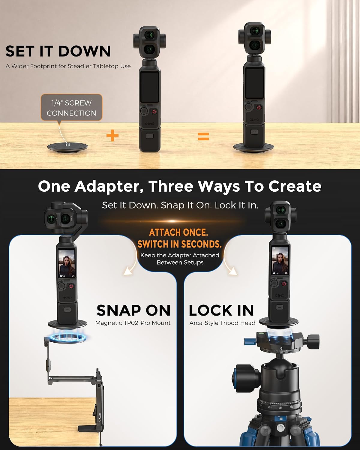 OMOTON TP02-Ultra Magnetic Action Camera Mount for DJI/GoPro iPhone, Black | Arca-type Adapter with 1/4" Screw, 4 in 1 Phone Tripod for Travel Vlog, Adjustable & Swivel, for iPhone 12-17 Series