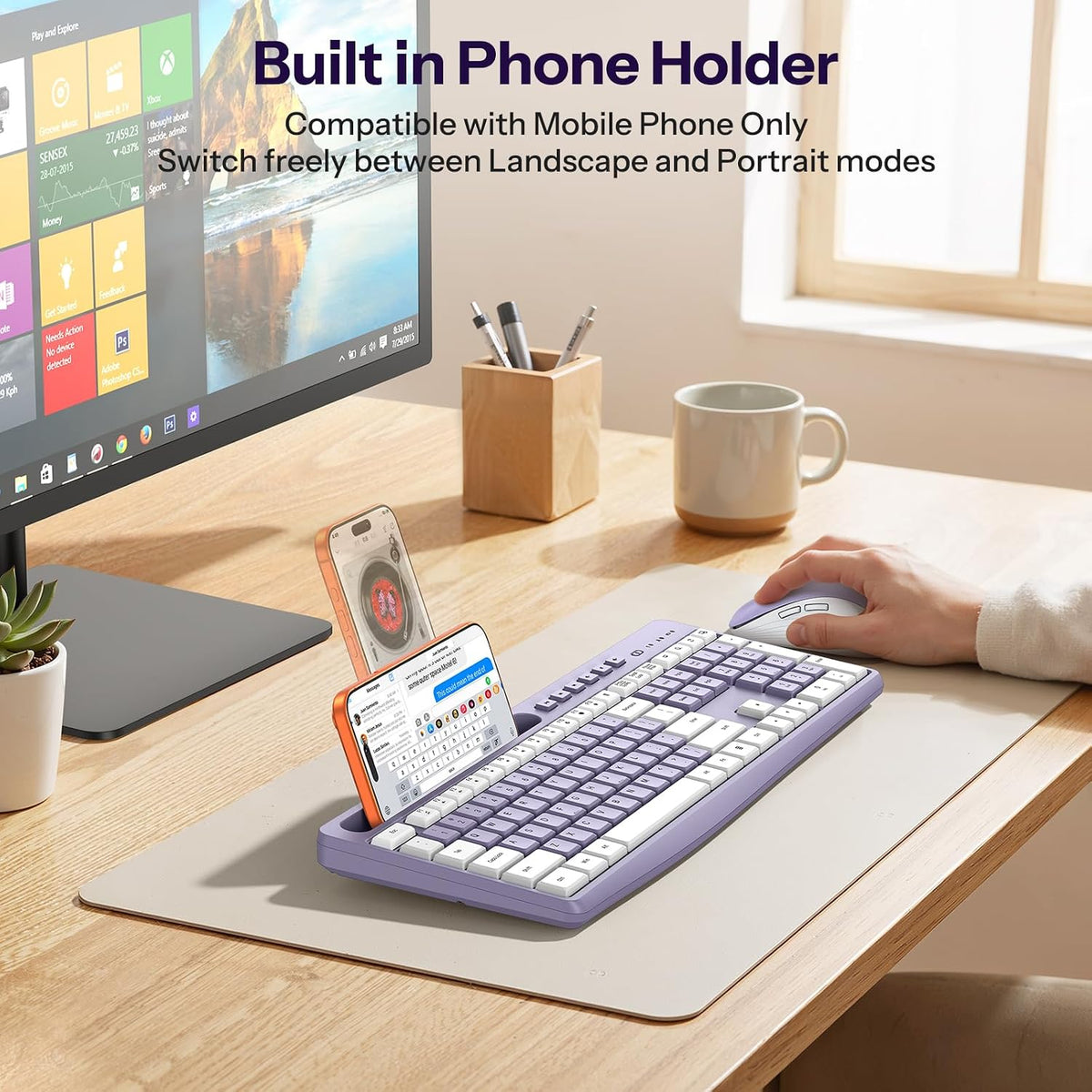 OMOTON Purple Wireless Keyboard and Mouse Combo, Built-in Phone Holder 2.4GHz USB Receiver & Silent Typing for Home/Office, Adjustable DPI Mouse and Full Size Cute Keyboard for Windows/Computer/PC