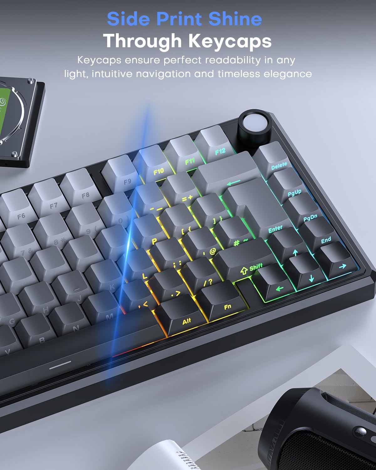 OMOTON Side Print PBT Keycap Set ANSI/ISO UK-Layout, White Grey gradient 127 Keys, Double Shot, Shine Through Custom Keycaps for 61/68/84/87/96/108 MX Switches Keyboards