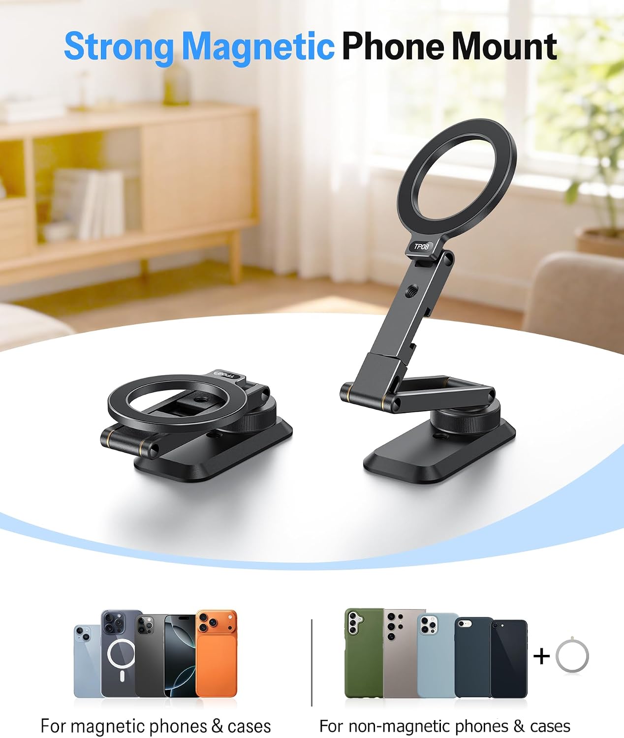 OMOTON Magnetic Phone Mount for Tripod Camera with Arca Base Cold Shoe 1/4" | Aluminum 360° Adjustable, Detachable Base with Magnet for Steel Surface for Gym Golf Cart Video Recording, for iPhone Android