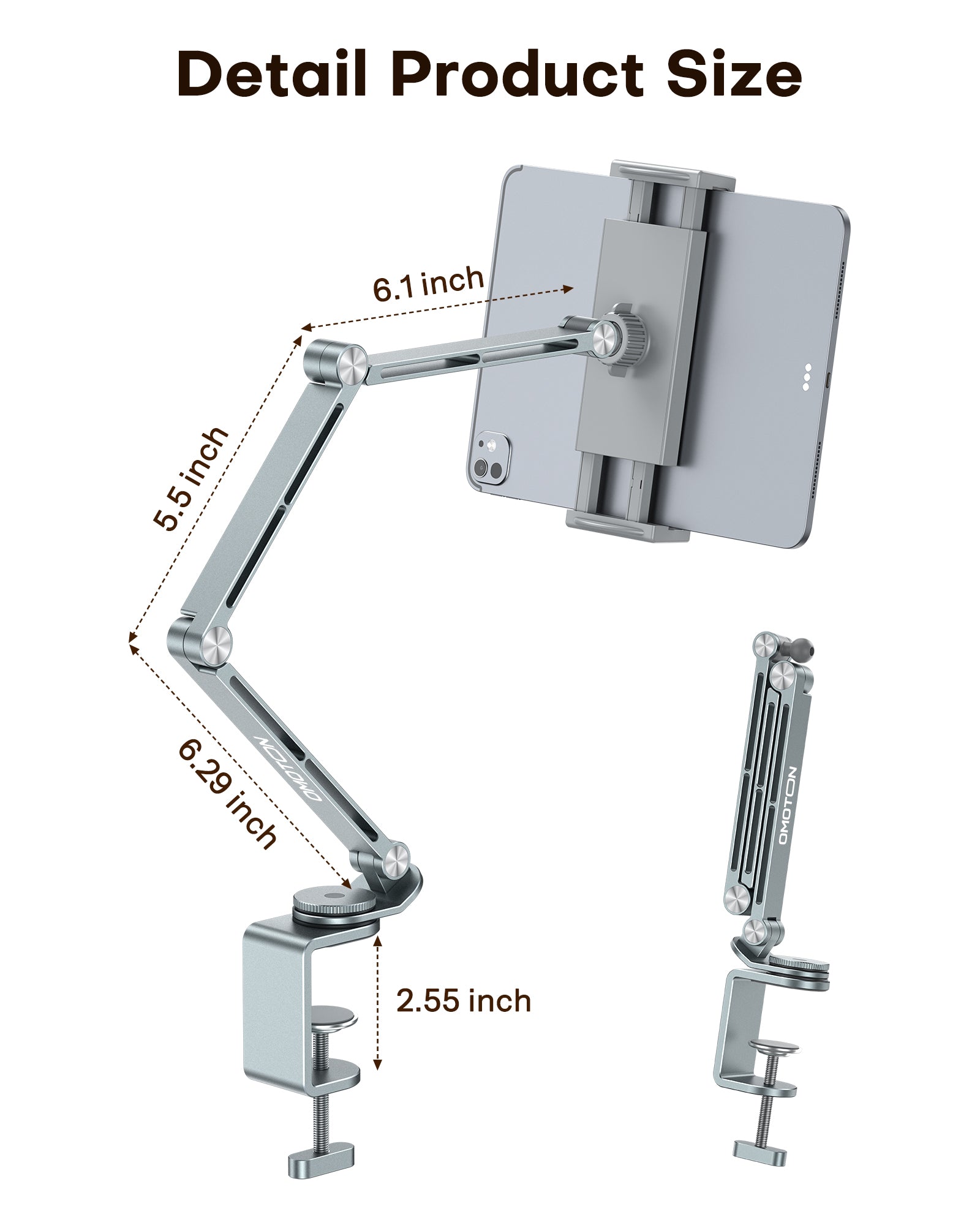 OMOTON GH03 Adjustable Tablet Stand for iPad, Desk Phone Holder for Bed with 2 Clamps, Flexible Aluminum Alloy Mount with 360° Rotation for 4-13" Devices