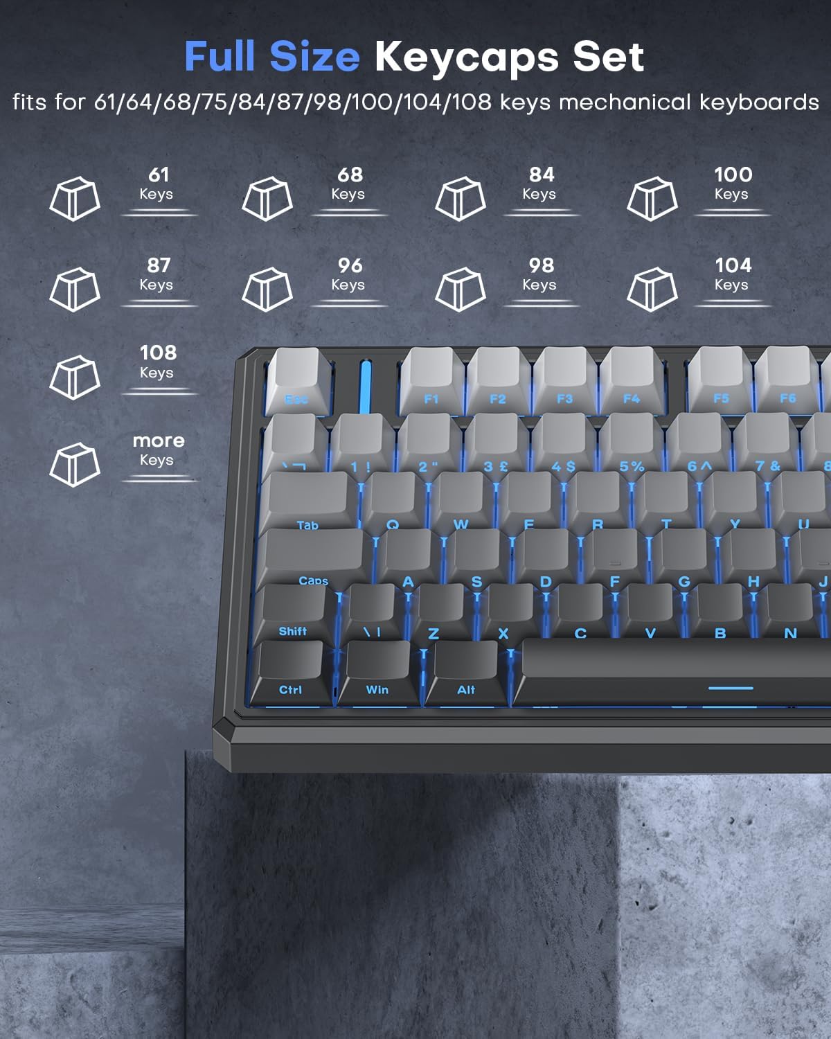 OMOTON Side Print PBT Keycap Set ANSI/ISO UK-Layout, White Grey gradient 127 Keys, Double Shot, Shine Through Custom Keycaps for 61/68/84/87/96/108 MX Switches Keyboards