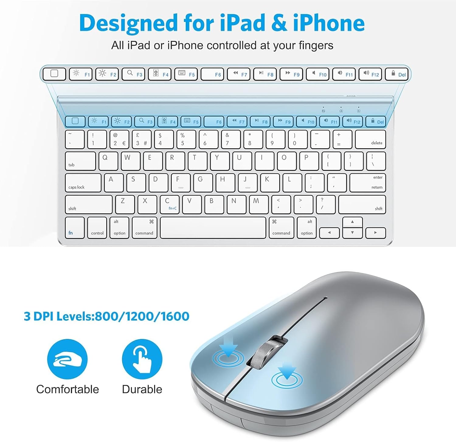 OMOTON Bluetooth Keyboard and Mouse Set Compatible with all iPad Series. With Foldable Bracket, Light and Easy to Carry, Suitable for Business Travel/Home/Office, Silver