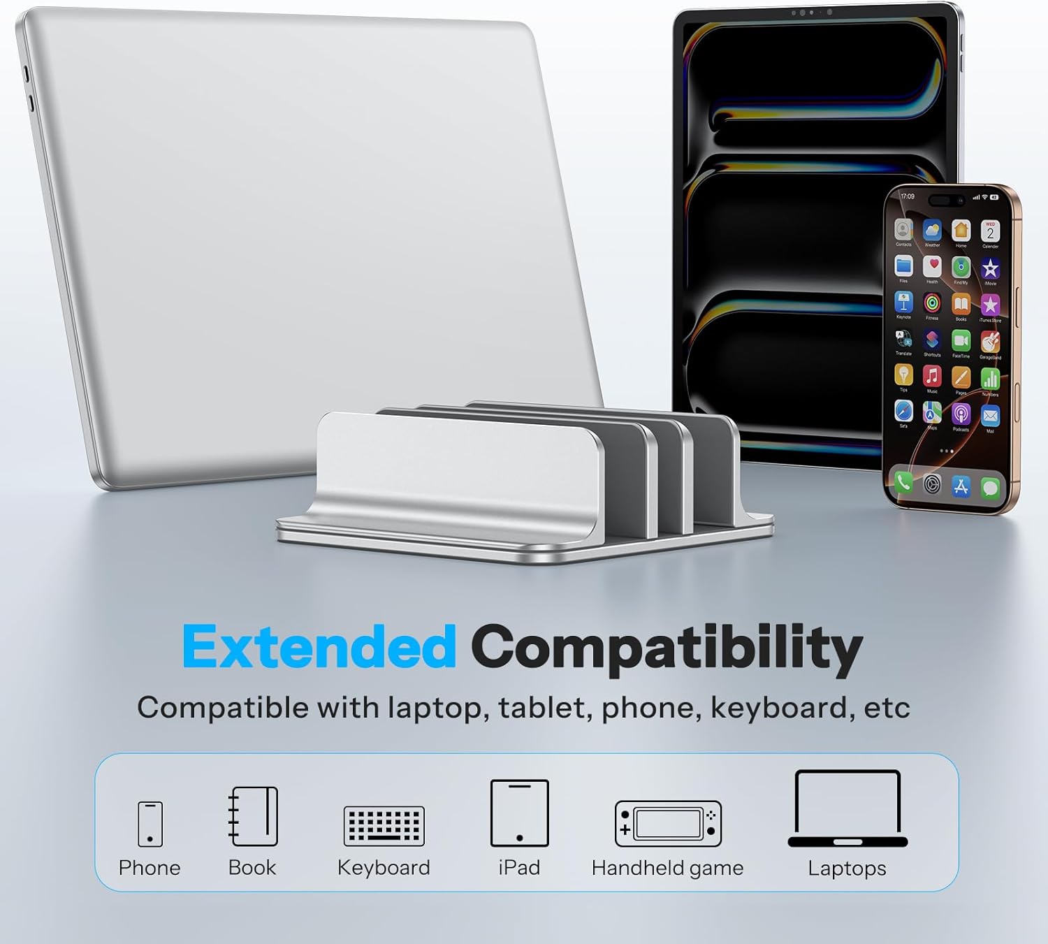 OMOTON Vertical Laptop Stand [Updated 3-Slots Version], Desktop Aluminum Mac Book Stand with Adjustable Dock Size, Fits All Mac Book, Chrome Book and Gaming Laptops (Up to 17.3 inch)